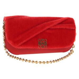 LOEWE Chain Goya Shoulder Bag Leather Red Gold Auth ka576M
